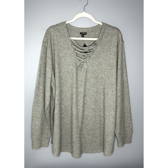 Torrid Shirt Womens 2X 18-20 Gray Waffle Knit Lace Up V Neck Long Sleeve Thermal - Picture 1 of 12